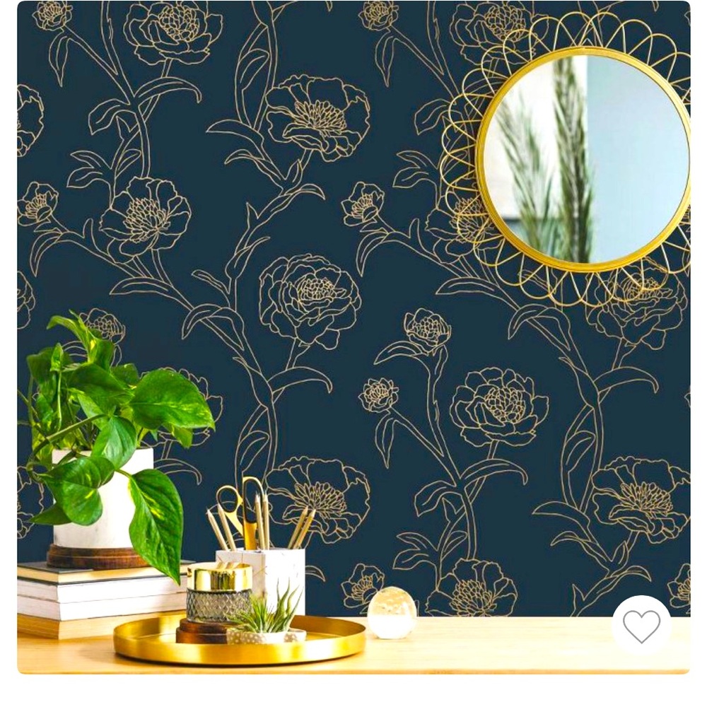 Tempaper Peonies Peel and Stick Wallpaper Peacock Blue & Metallic Gold